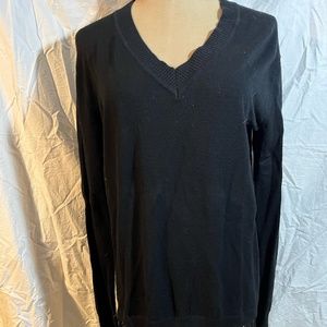 Central Park West Long Sleeve Black Fringed V-Neck Sweater Tunic Small